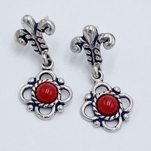 Q.T.O. Sterling Silver Fleur De Lis Earrings Coral Dangle Earrings